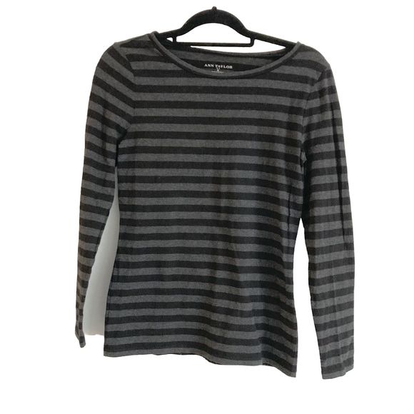 LOFT Gray Striped Long Sleeve Tee - Picture 1 of 9